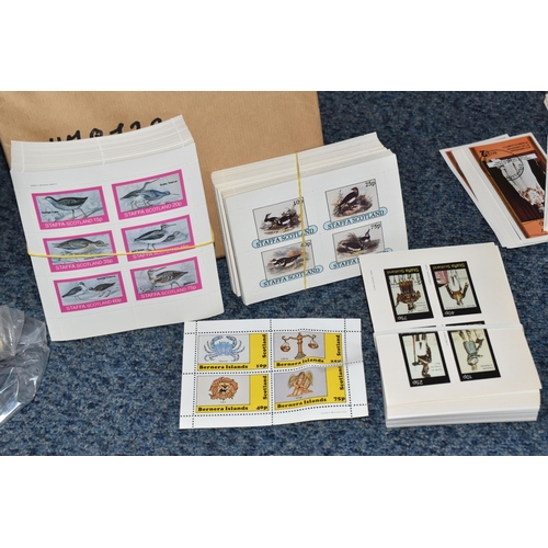 805 - SIX BOXES OF 'CINDERELLA/LOCAL' STAMPS to include thousands of Staffa Scotland, Umm Al Qaiwan, Ras A... 