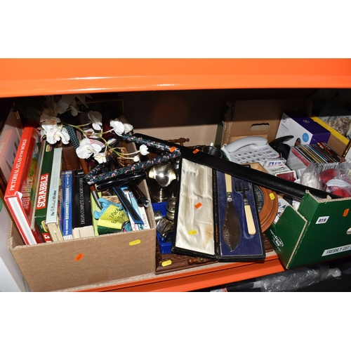 818 - TWO BOXES AND LOOSE MISCELLANEOUS ITEMS, to include assorted vintage doilies, five decks of cards, a... 