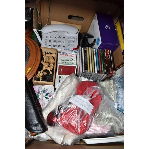 818 - TWO BOXES AND LOOSE MISCELLANEOUS ITEMS, to include assorted vintage doilies, five decks of cards, a... 