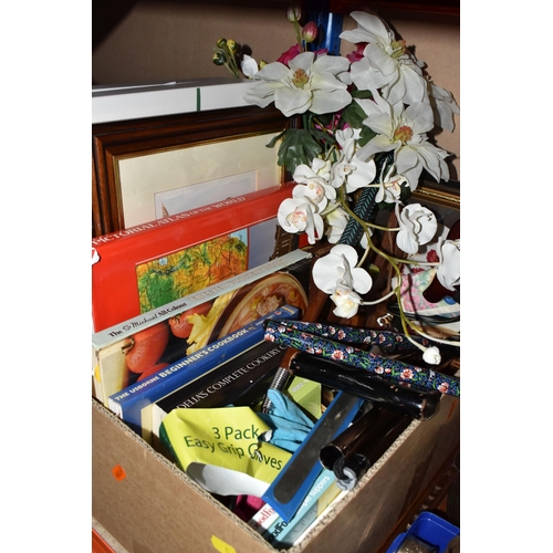 818 - TWO BOXES AND LOOSE MISCELLANEOUS ITEMS, to include assorted vintage doilies, five decks of cards, a... 