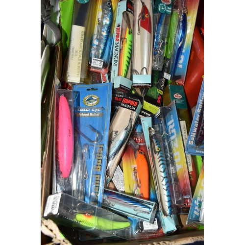 825 - THREE BOXES OF FISHING LURES SOME STILL BOXED, with some salt water items, to include a box comprisi... 