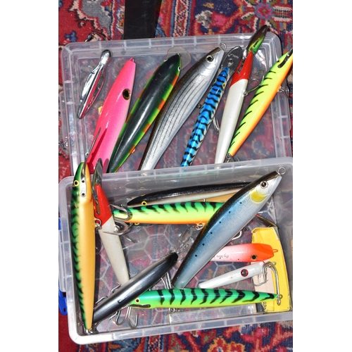 825 - THREE BOXES OF FISHING LURES SOME STILL BOXED, with some salt water items, to include a box comprisi... 