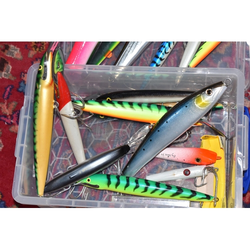 825 - THREE BOXES OF FISHING LURES SOME STILL BOXED, with some salt water items, to include a box comprisi... 