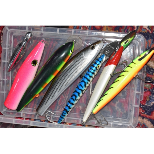 825 - THREE BOXES OF FISHING LURES SOME STILL BOXED, with some salt water items, to include a box comprisi... 