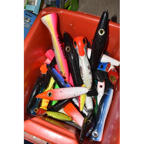 825 - THREE BOXES OF FISHING LURES SOME STILL BOXED, with some salt water items, to include a box comprisi... 