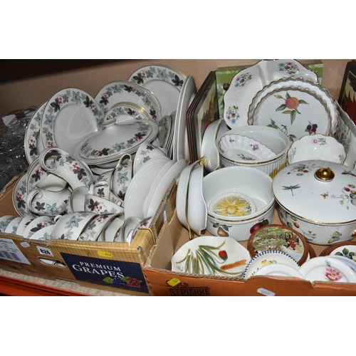 826 - FIVE BOXES OF MIXED CERAMICS AND GLASSWARE to include a box of Royal Doulton 'Camelot' tea and dinne... 