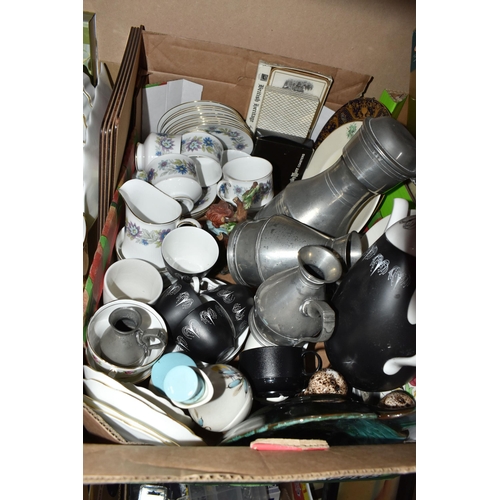 826 - FIVE BOXES OF MIXED CERAMICS AND GLASSWARE to include a box of Royal Doulton 'Camelot' tea and dinne... 