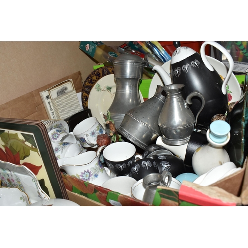 826 - FIVE BOXES OF MIXED CERAMICS AND GLASSWARE to include a box of Royal Doulton 'Camelot' tea and dinne... 