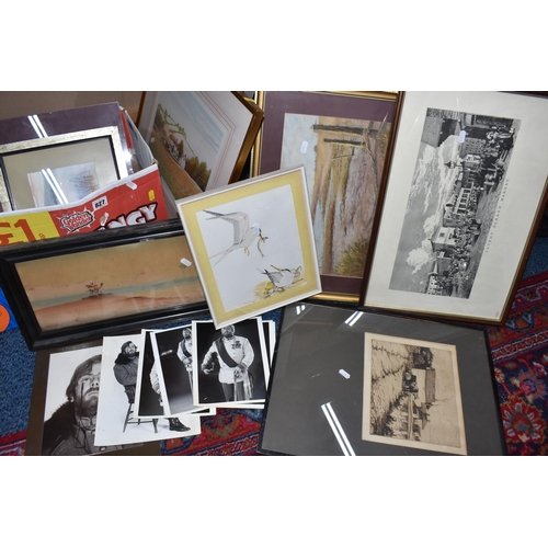 827 - ONE BOX AND LOOSE ASSORTED FRAMED PICTURES to include an Egyptian landscape by Felix More, a framed ... 