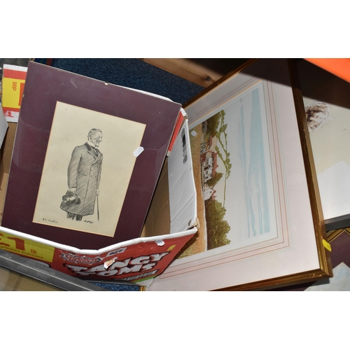 827 - ONE BOX AND LOOSE ASSORTED FRAMED PICTURES to include an Egyptian landscape by Felix More, a framed ... 