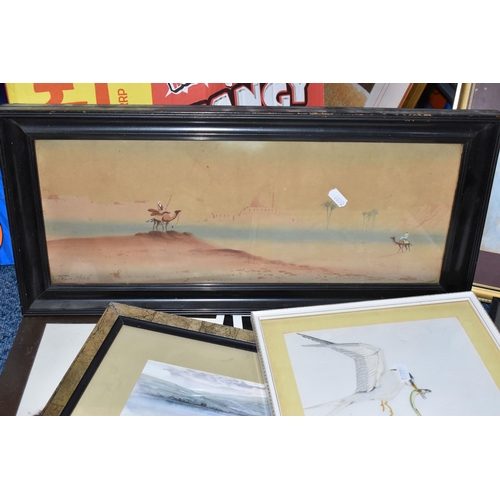 827 - ONE BOX AND LOOSE ASSORTED FRAMED PICTURES to include an Egyptian landscape by Felix More, a framed ... 