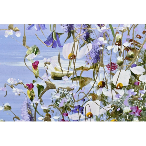 833 - MARY SHAW (BRITISH CONTEMPORARY) 'OUT TO SEA III', a field of wild flowers with a view of the sea be... 