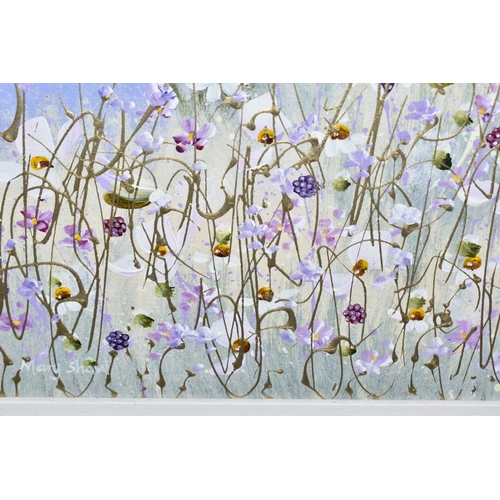 833 - MARY SHAW (BRITISH CONTEMPORARY) 'OUT TO SEA III', a field of wild flowers with a view of the sea be... 