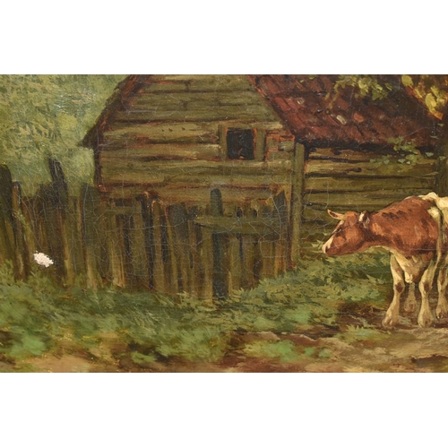 834 - A LATE 19TH / EARLY 20TH CENTURY ENGLISH SCHOOL LANDSCAPE, depicting a young girl driving cattle alo... 