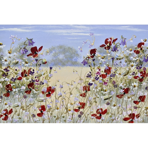 835 - MARY SHAW (BRITISH CONTEMPORARY) 'MEADOW FLOWERS IV', a field of wild flowers with distant trees, si... 