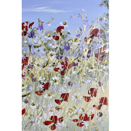 835 - MARY SHAW (BRITISH CONTEMPORARY) 'MEADOW FLOWERS IV', a field of wild flowers with distant trees, si... 