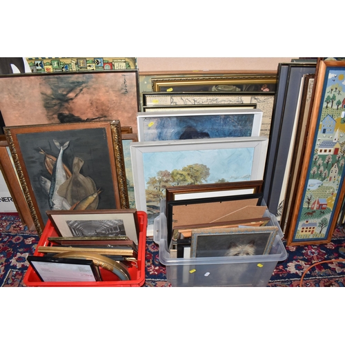 838 - TWO BOXES AND LOOSE ASSORTED PICTURES AND PRINTS, to include a 19th century silk needlework map of E... 