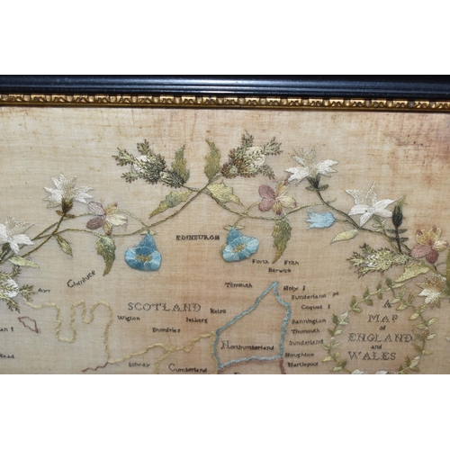 838 - TWO BOXES AND LOOSE ASSORTED PICTURES AND PRINTS, to include a 19th century silk needlework map of E... 