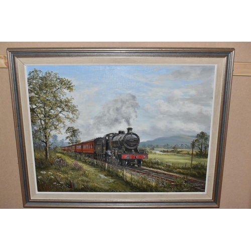 841 - H. BALL (20TH CENTURY) STEAM LOCOMOTIVE AND CARRIAGES,  locomotive 53801 under steam in a rural sett... 