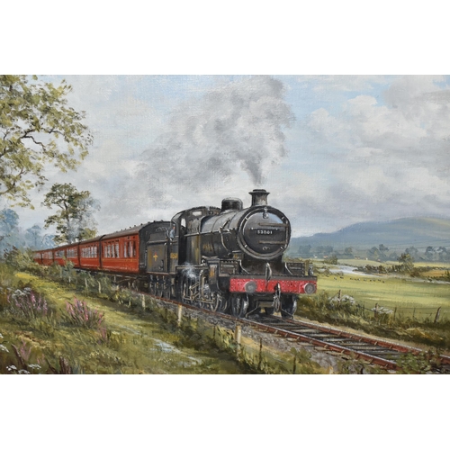 841 - H. BALL (20TH CENTURY) STEAM LOCOMOTIVE AND CARRIAGES,  locomotive 53801 under steam in a rural sett... 