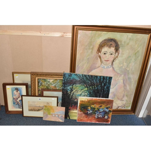 843 - A SMALL QUANTITY OF 20TH CENTURY PICTURES, comprising an oil on canvas portrait Madame Henriot after... 