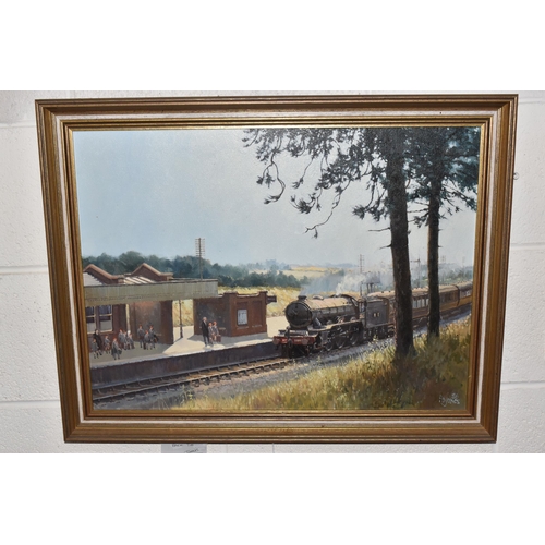 848 - PETER OWEN JONES (1933-1993) 'END OF TERM', a steam locomotive is pulling in to a rural train statio... 