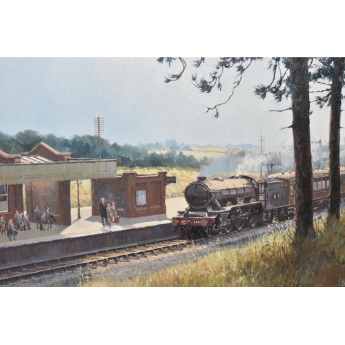 848 - PETER OWEN JONES (1933-1993) 'END OF TERM', a steam locomotive is pulling in to a rural train statio... 