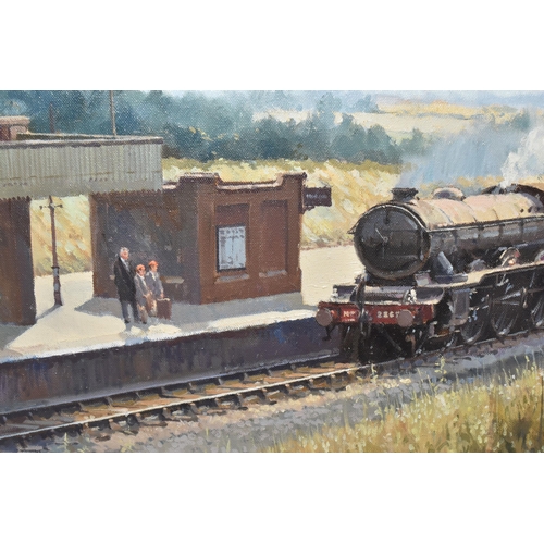 848 - PETER OWEN JONES (1933-1993) 'END OF TERM', a steam locomotive is pulling in to a rural train statio... 