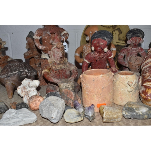 854 - A GROUP OF MESOAMERICAN STYLE FIGURES, FOSSILS AND MINERALS, ETC, to include various ceramic figures... 