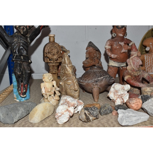 854 - A GROUP OF MESOAMERICAN STYLE FIGURES, FOSSILS AND MINERALS, ETC, to include various ceramic figures... 