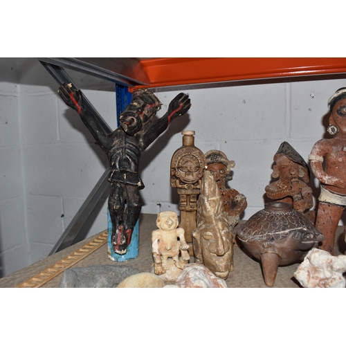 854 - A GROUP OF MESOAMERICAN STYLE FIGURES, FOSSILS AND MINERALS, ETC, to include various ceramic figures... 