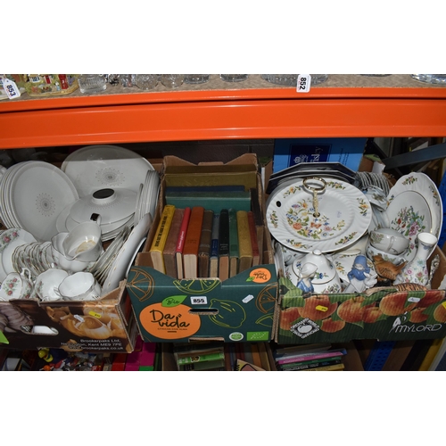 855 - THREE BOXES OF CERAMICS AND BOOKS, to include an Aynsley Cottage Garden cake stand, trinket box and ... 