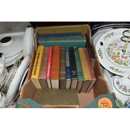 855 - THREE BOXES OF CERAMICS AND BOOKS, to include an Aynsley Cottage Garden cake stand, trinket box and ... 