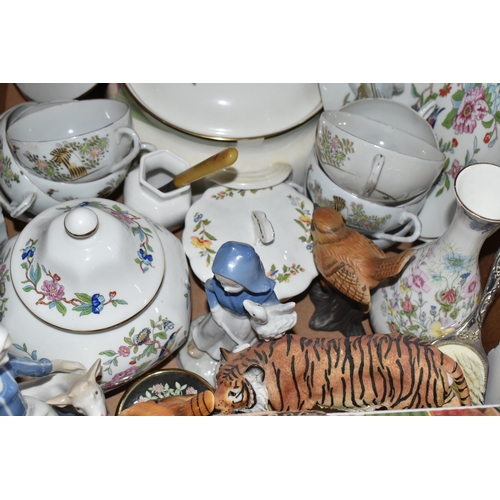 855 - THREE BOXES OF CERAMICS AND BOOKS, to include an Aynsley Cottage Garden cake stand, trinket box and ... 