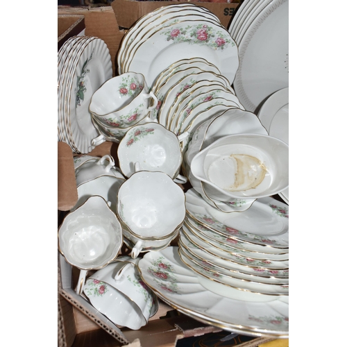 855 - THREE BOXES OF CERAMICS AND BOOKS, to include an Aynsley Cottage Garden cake stand, trinket box and ... 