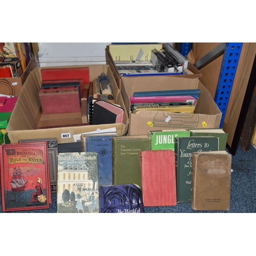 857 - THREE BOXES AND LOOSE BOOKS AND PICTURES, approximately sixty five mainly hardback titles to include... 