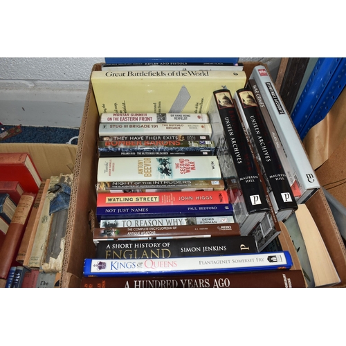 857 - THREE BOXES AND LOOSE BOOKS AND PICTURES, approximately sixty five mainly hardback titles to include... 