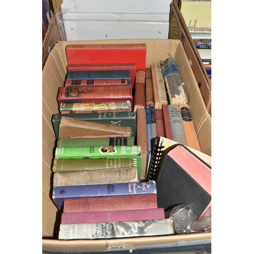 857 - THREE BOXES AND LOOSE BOOKS AND PICTURES, approximately sixty five mainly hardback titles to include... 