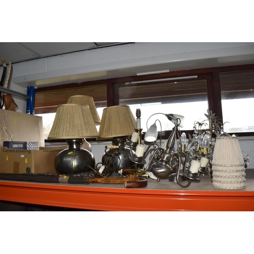 861 - A BOX AND LOOSE LAMPS, LIGHTING, DVDS AND SUNDRY ITEMS, to include a pair of metal based table lamps... 