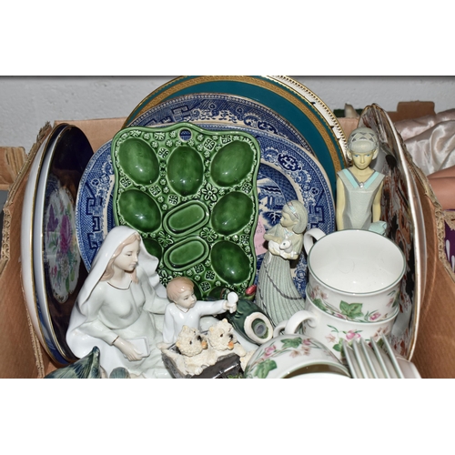 864 - FIVE BOXES AND LOOSE CERAMICS, GLASS, ELECTRONICS, DOLLS AND SUNDRY ITEMS, to include Royal Worceste... 