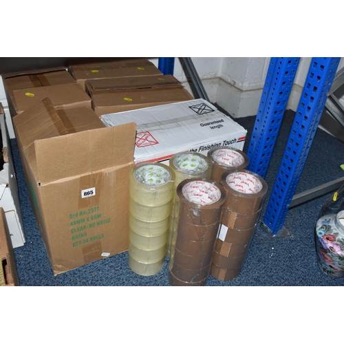 865 - FIVE BOXES OF UNUSED BROWN PARCEL AND CLEAR TAPE, to include a box of thirty six rolls of brown parc... 