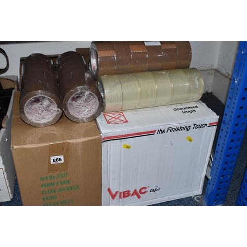 865 - FIVE BOXES OF UNUSED BROWN PARCEL AND CLEAR TAPE, to include a box of thirty six rolls of brown parc... 