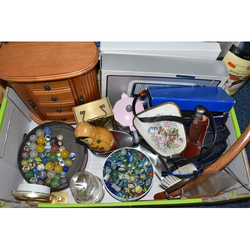 867 - TWO BOXES AND LOOSE MISCELLANEOUS ITEMS, to include a collection of marbles, a J Nowill and Sons kni... 