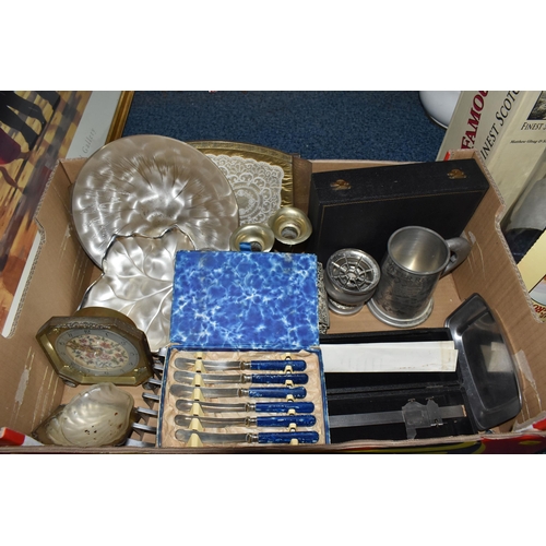 867 - TWO BOXES AND LOOSE MISCELLANEOUS ITEMS, to include a collection of marbles, a J Nowill and Sons kni... 