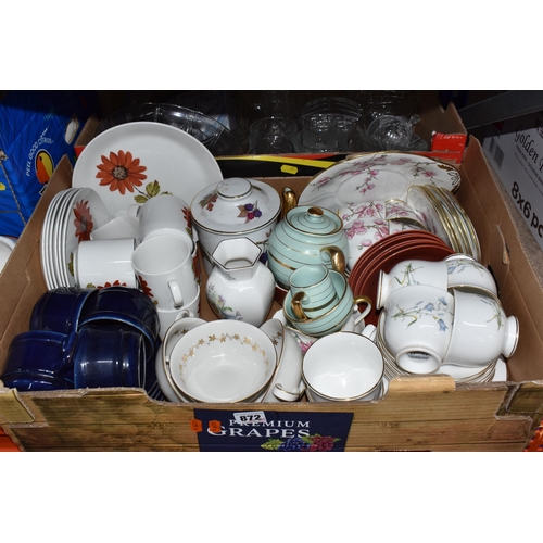 872 - SIX BOXES AND LOOSE CERAMICS AND GLASSWARE, included, various tea ware and dinner ware names include... 