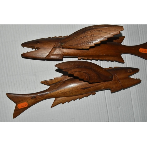 785 - TWO WALLACE WARREN HARDWOOD FLYING FISH WALL PLAQUES, stamped 'Souvenir from Pitcairn Island, made b... 