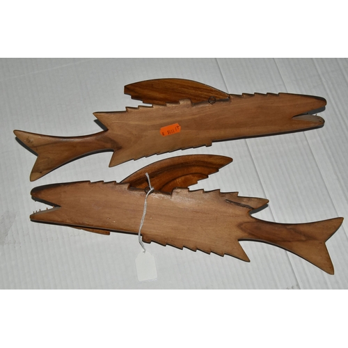 785 - TWO WALLACE WARREN HARDWOOD FLYING FISH WALL PLAQUES, stamped 'Souvenir from Pitcairn Island, made b... 