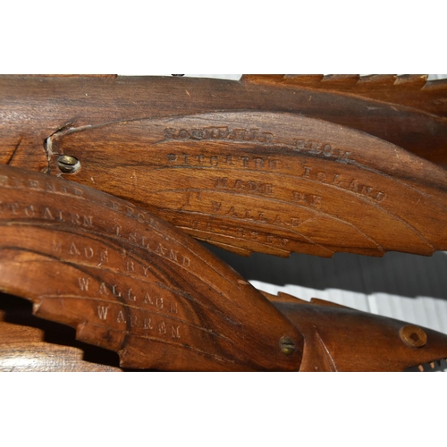 785 - TWO WALLACE WARREN HARDWOOD FLYING FISH WALL PLAQUES, stamped 'Souvenir from Pitcairn Island, made b... 