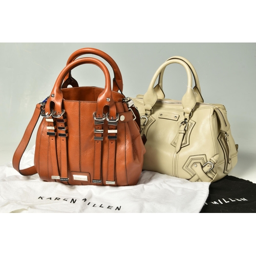 586 - KAREN MILLEN: TWO LEATHER HANDBAGS: a tan leather handbag with removable shoulder strap, silver tone... 