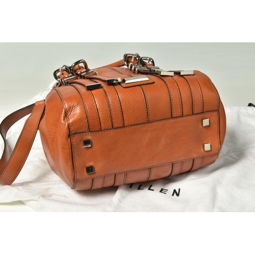 586 - KAREN MILLEN: TWO LEATHER HANDBAGS: a tan leather handbag with removable shoulder strap, silver tone... 